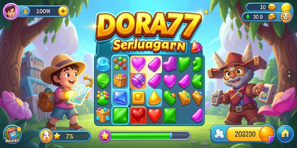 Tangkapan layar gameplay DORA77 menunjukkan momen seru mencocokkan objek.