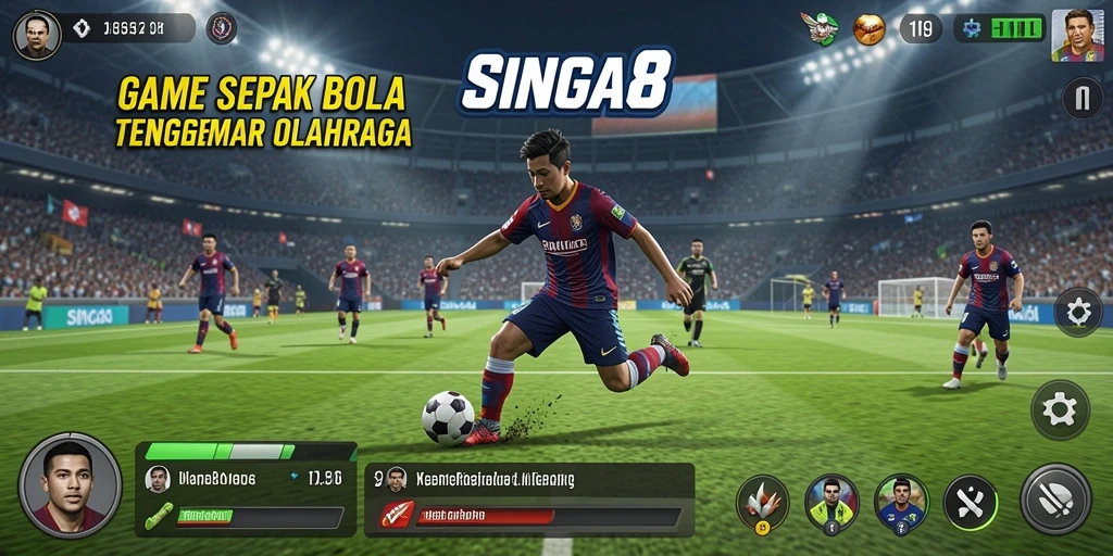 Tangkapan layar SINGA8 menampilkan aksi seru di lapangan sepak bola.